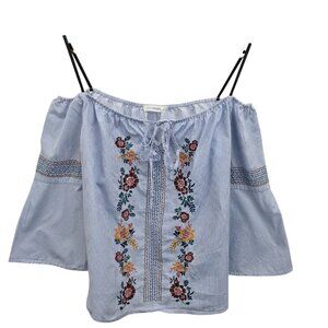 Blu Pepper Blue Embroidered Off Shoulder Bell Sleeve Blouse Womens Size S Boho